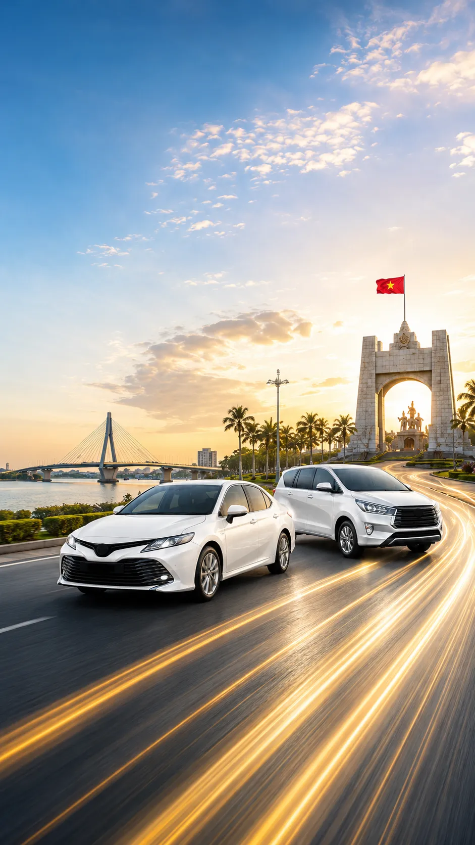 Hai xe Taxi Quảng Trị trắng chạy trên đường phố Việt Nam lúc bình minh, phía sau có cầu dây văng và đài tưởng niệm